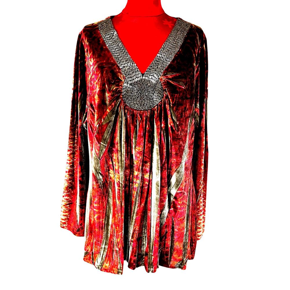 One World size 2X top red orange velour shirt silver beaded neckline Boho